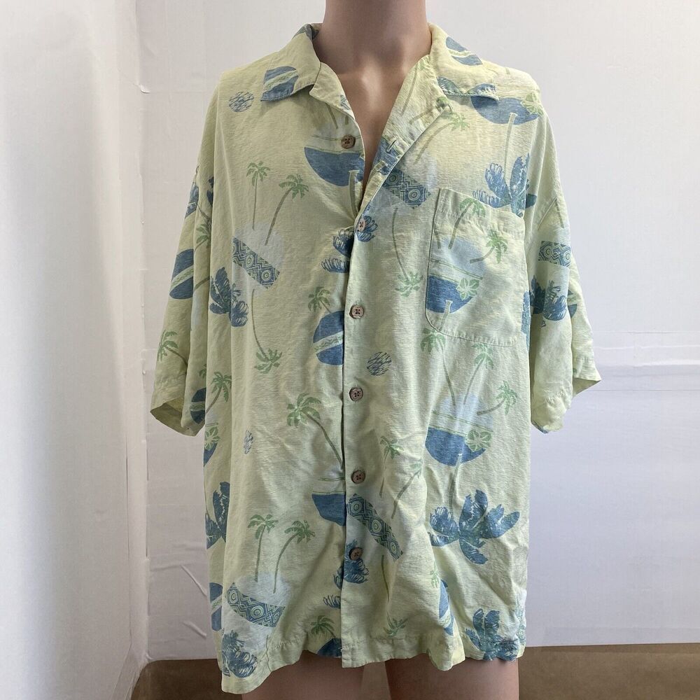 Tommy Bahama Mens Silk Hawaiian Shirt Button Down Size XL Ivory Green Pre Owned